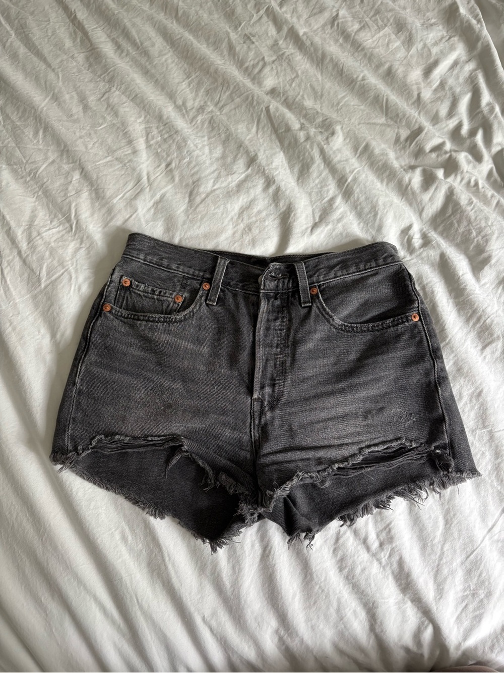 High-Rise Distressed Black Levi’s 501 Denim Shorts